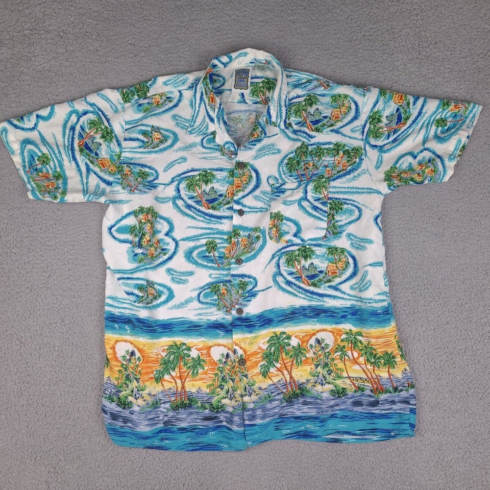 Vintage Ocean Current Hawaiian Shirt Mens Large White Blue Button Short Sleeve